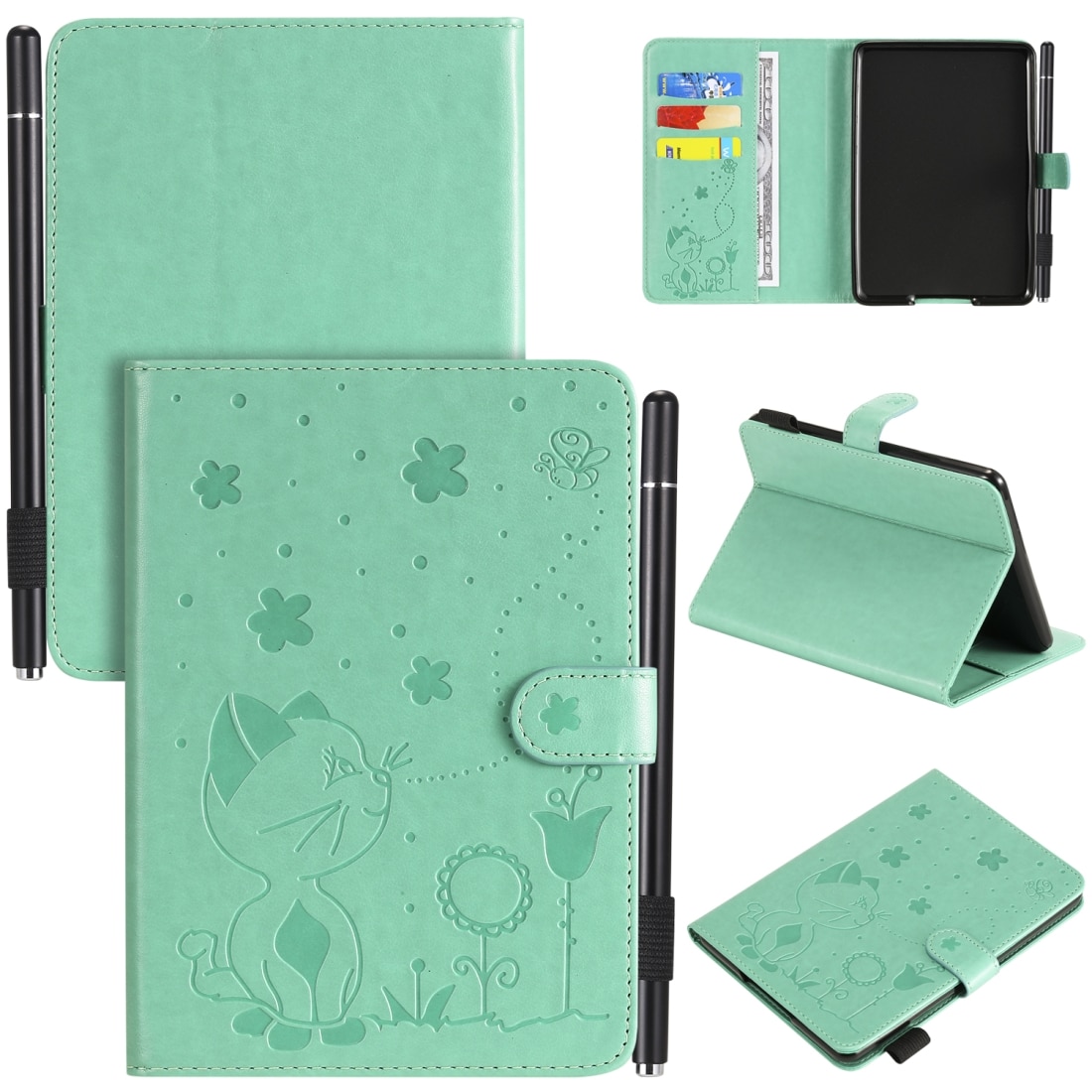 Husa tableta pentru Amazon Kindle Paperwhite 4 (2018) / 3 / 2 / 1, model Cat Bee Relief, protectie impotriva socurilor, tip carte orizontal, piele cu sloturi pentru carduri si portofel, pentru creion si functie de somn / trezire (verde)