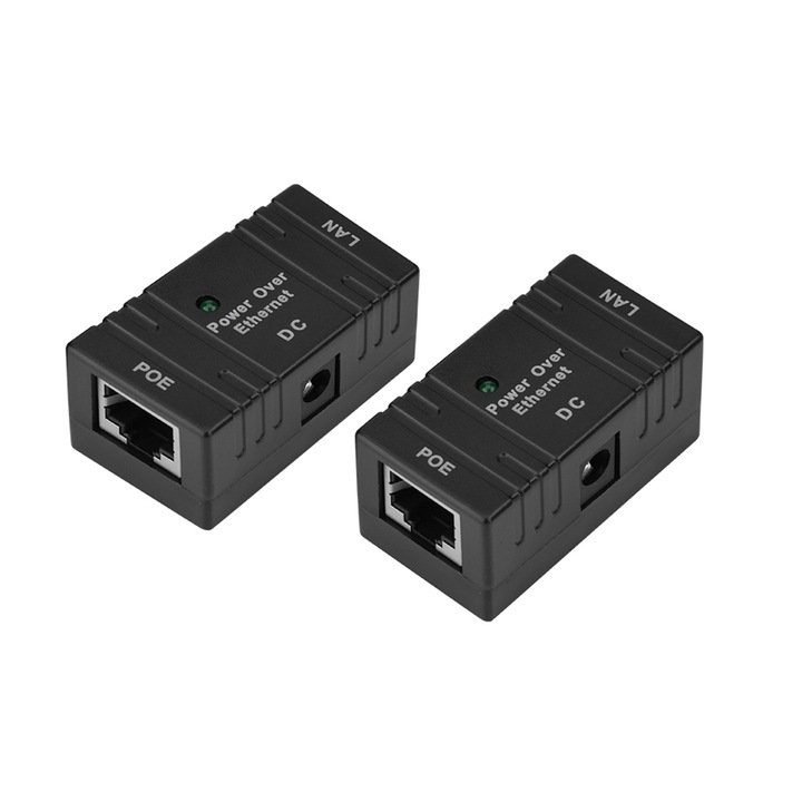 Комплект от 2 POE RJ45 захранващи модула за IP камера, 10/100Mbps, 2000mA, черни