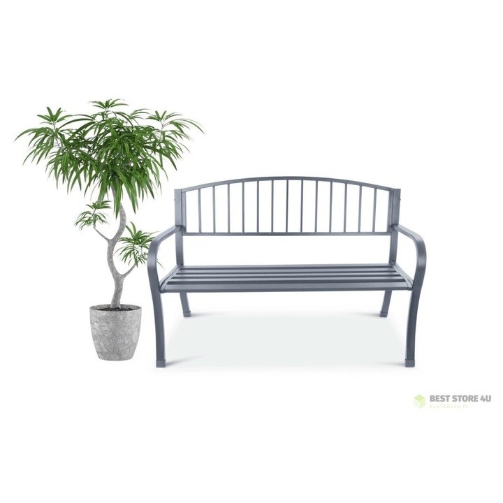 Banca de gradina cu spatar, metalica, grafit, 125x53x82cm, set de montaj