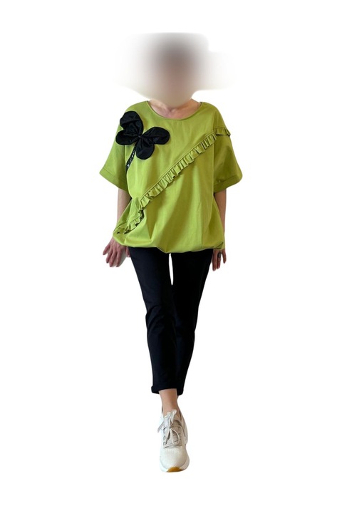 Bluza verde cu volan si detaliu floral negru 3D, S-M-L EU