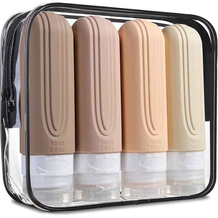 Set de 4 sticle de calatorie 90mL, design rezistent la scurgeri, silicon ecologic, pentru sampon, balsam, lotiune，crem