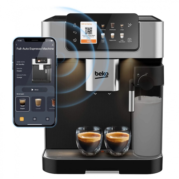 Espressor automat BEKO CaffeExperto CEG7348X, 2l, 1350W, 19 bar, 18 bauturi, 13 setari de macinare GrindPro, control din aplicatie, aroma perfecta cu BrewSense, Negru/Argintiu