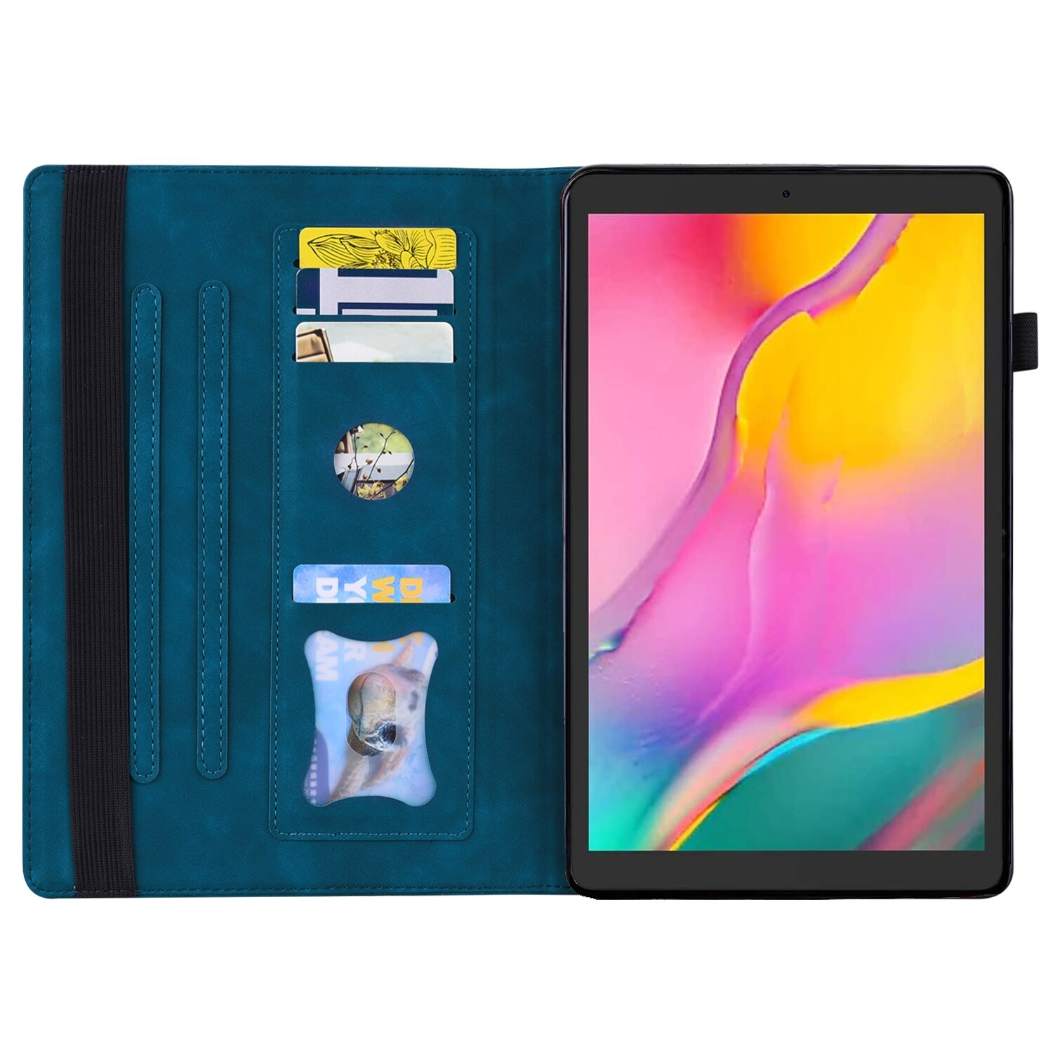 Husa tableta pentru Amazon Fire HD 10 2023 / 10 Plus 2021, piele PU, tip carte orizontala, rezistent la socuri, cu suport si sloturi pentru carduri si pix, cadru foto, functie de sleep / wake-up (albastru)