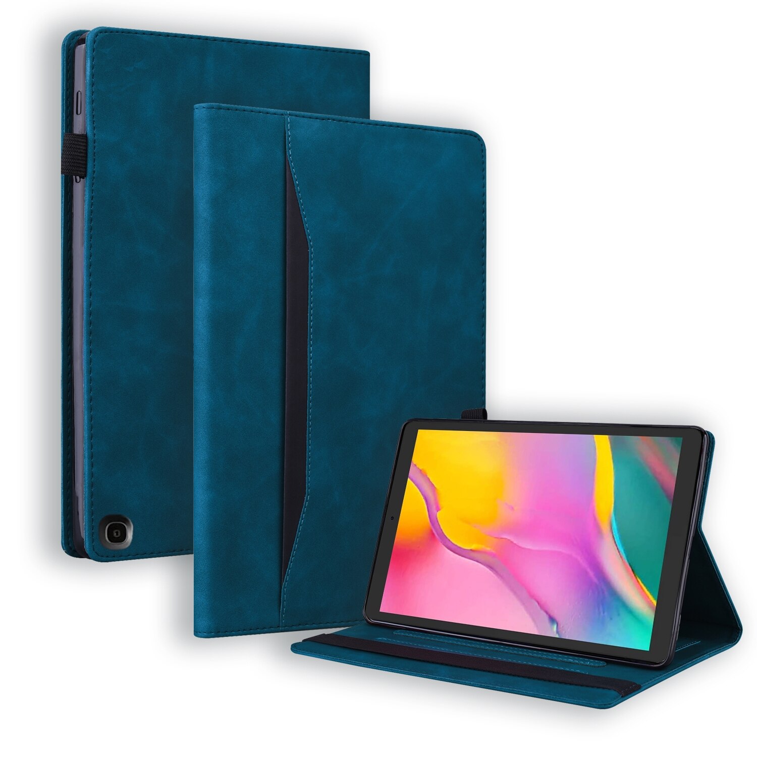 Husa tableta pentru Amazon Fire HD 10 2023 / 10 Plus 2021, piele PU, tip carte orizontala, rezistent la socuri, cu suport si sloturi pentru carduri si pix, cadru foto, functie de sleep / wake-up (albastru)