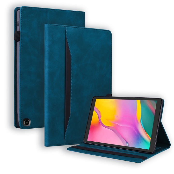 Husa tableta pentru Amazon Fire HD 10 2023 / 10 Plus 2021, piele PU, tip carte orizontala, rezistent la socuri, cu suport si sloturi pentru carduri si pix, cadru foto, functie de sleep / wake-up (albastru)