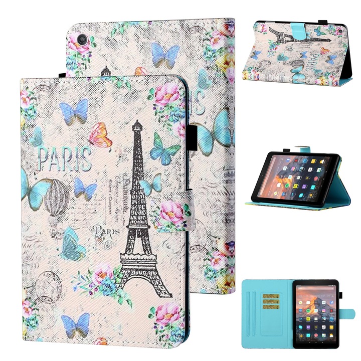 Husa tableta pentru Amazon Kindle Fire HD10 2015 / 2017 / 2019, desen colorat cu cusaturi, tip carte orizontal cu suport si slot pentru carduri, functie de somn/trezire, piele, turn si fluturi