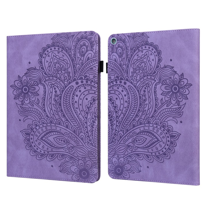 Husa tableta pentru Amazon Fire HD 10 2017 / 2019, piele cu model embosat de pauni, functie de sleep/wake, culoare mov
