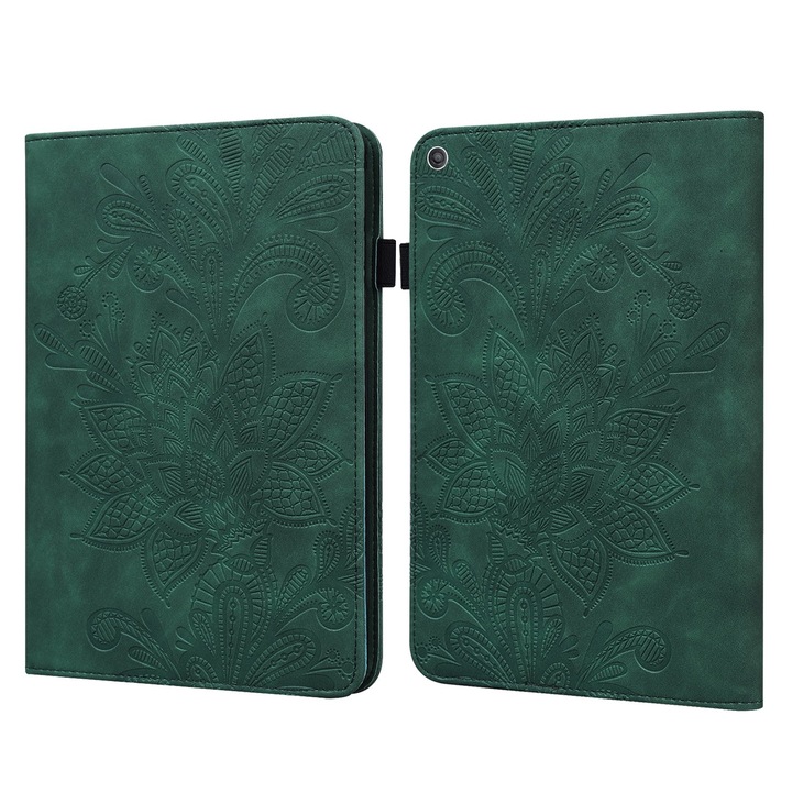 Husa tableta pentru Amazon Kindle Fire HD 8 2019/2018/2017/2016, model cu imprimeu floral si dantela, tip carte cu suport, sloturi pentru carduri si portofel, rama foto, verde