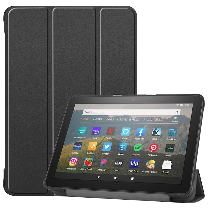 Husa tableta pentru Kindle Fire HD 8 (2020), model cu model Custer, piele PU, design tip carte cu suport triplu pliabil si functie de trezire/adormire, negru