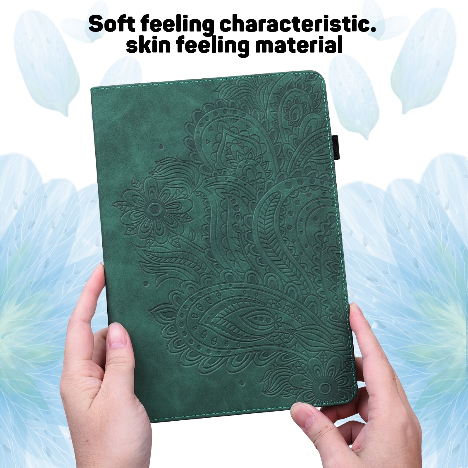 Husa tableta pentru Huawei MatePad 10.4, piele PU + TPU, model cu imprimeu de paun, design orizontal tip carte cu suport si buzunar pentru carduri, functie de somn/trezire, Verde