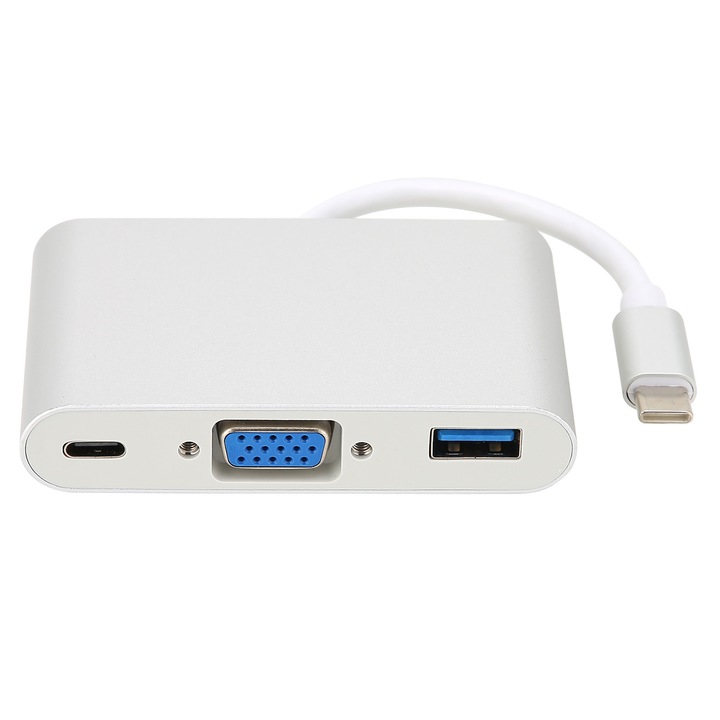 Adaptor 3 in 1 Type C la VGA, USB 3.0, incarcare rapida PD, aluminiu, argintiu