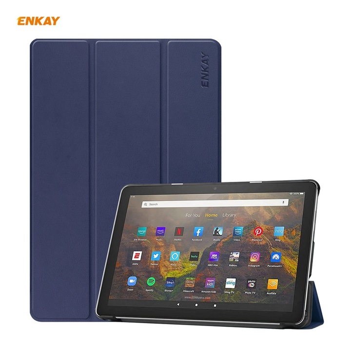 Husa tableta pentru Amazon Fire HD 10 / 10 Plus (2021), piele PU + plastic, tip carte cu suport triplu pliabil, inchidere magnetica, albastru inchis