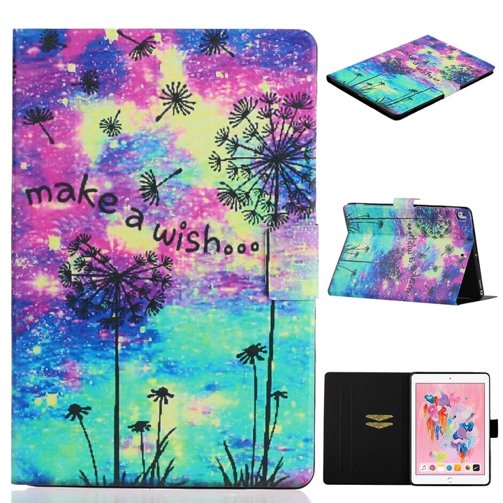 Husa tableta pentru Amazon Fire HD 10 2021, textura Voltage, desen colorat, tip carte cu suport si loc pentru card, functie sleep / wake-up, culoare: Dandelion