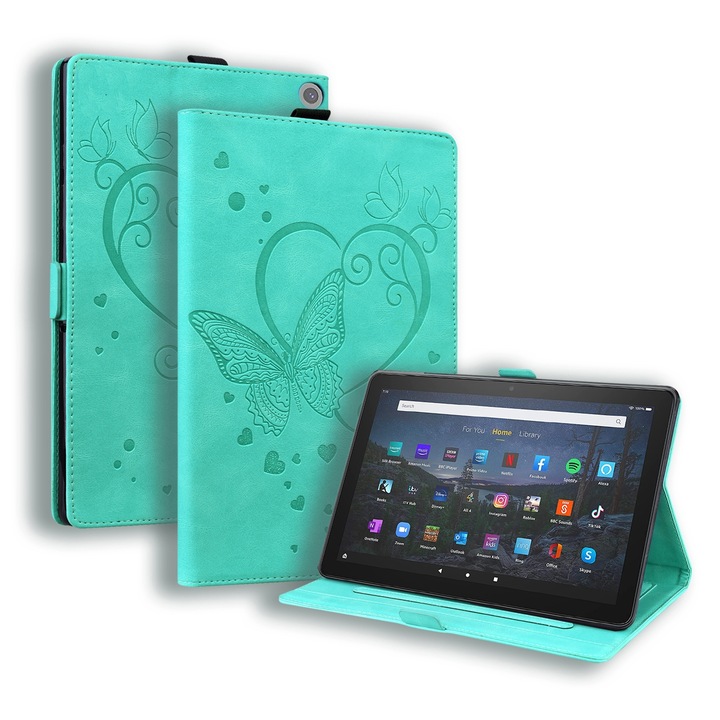 Husa tableta pentru Amazon Fire HD 10 Plus (2021) / HD 10 (2021), piele PU, design fluture, tip carte cu suport, inchidere magnetica, auto sleep/wake, verde