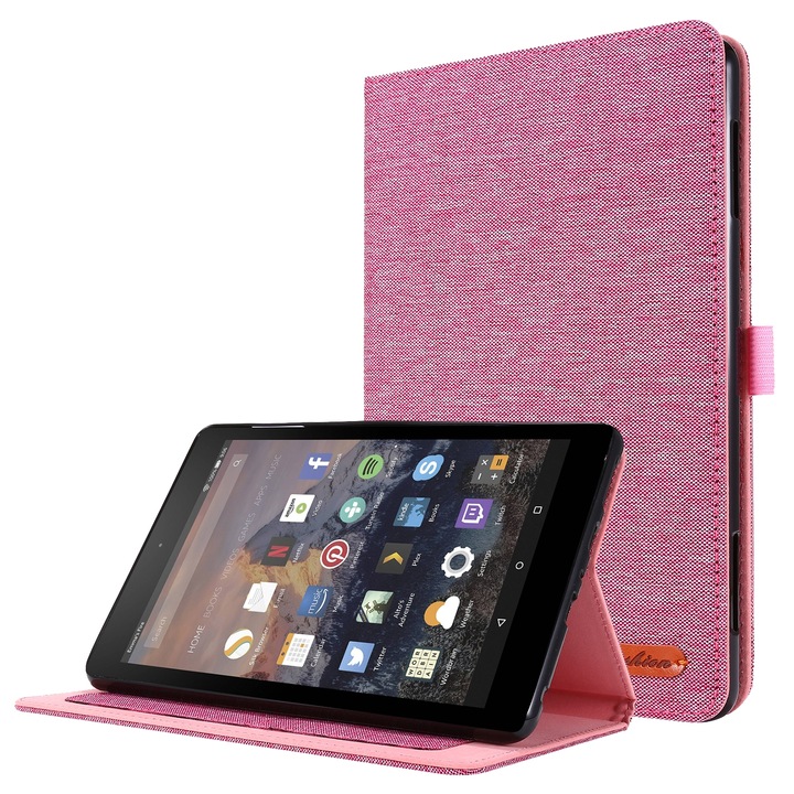 Husa tableta pentru Amazon Kindle Fire HD 10 2021, piele PU + TPU, tip carte orizontal cu clip pentru carduri de vizita (roz)