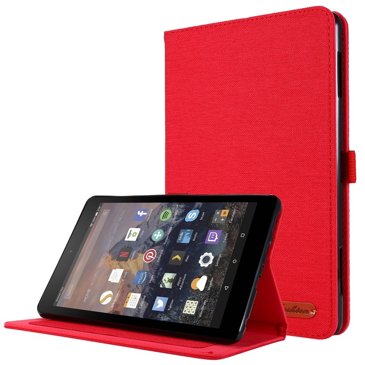 Husa tableta pentru Amazon Kindle Fire HD 10 2021, piele PU + TPU, tip carte orizontal cu clip pentru card de vizita (Rosu)