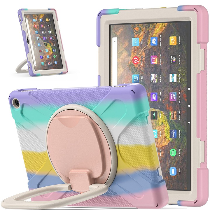 Husa tableta pentru Amazon Kindle Fire HD 10 2021, silicon + PC, cu suport si curea pentru umar, roz colorat