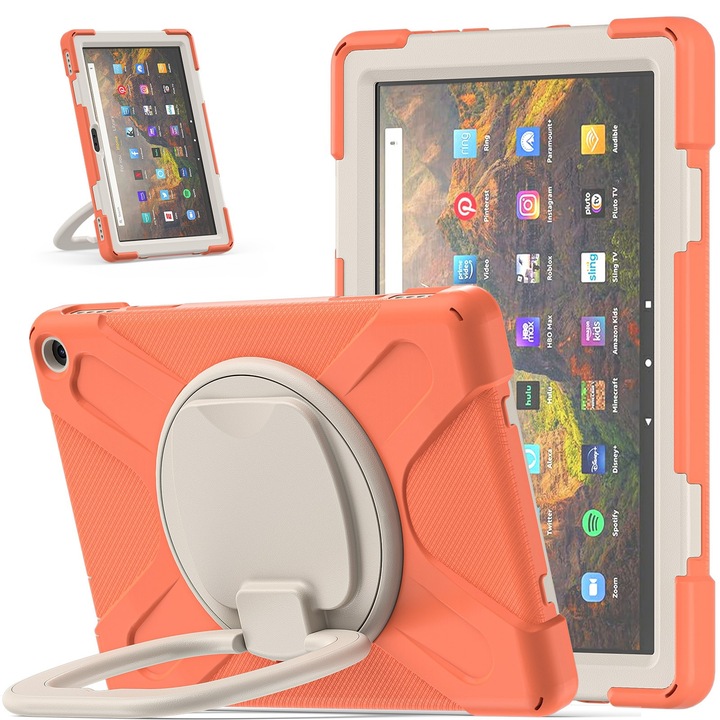 Husa tableta pentru Amazon Kindle Fire HD 10 2021, silicon + PC, cu suport si curea pentru umar, corai viu