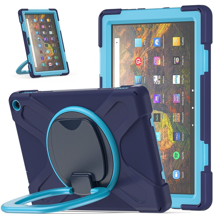Husa tableta pentru Amazon Kindle Fire HD 10 2021, silicon + PC, cu suport si curea, albastru marin + albastru
