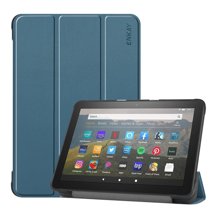 Husa tableta pentru Amazon Fire HD 8 / HD 8 Plus (2020), ENKAY textura custer, piele PU+PC, design orizontal cu suport triplu pliabil si functie de somn/trezire (verde inchis)