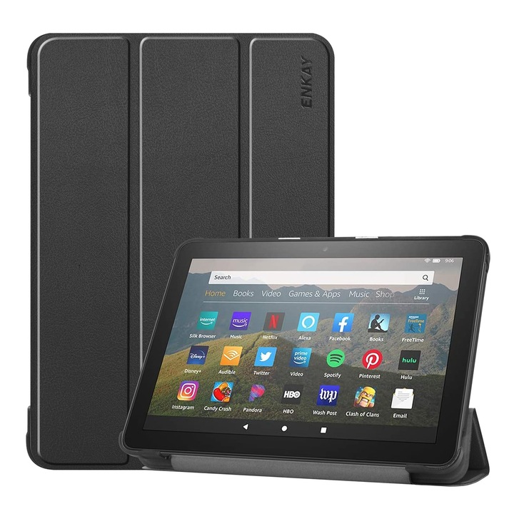 Husa tableta pentru Amazon Fire HD 8 / HD 8 Plus (2020) ENKAY textura custer, din piele PU+PC, tip carte cu suport trifolding, functie de somn/trezire, negru