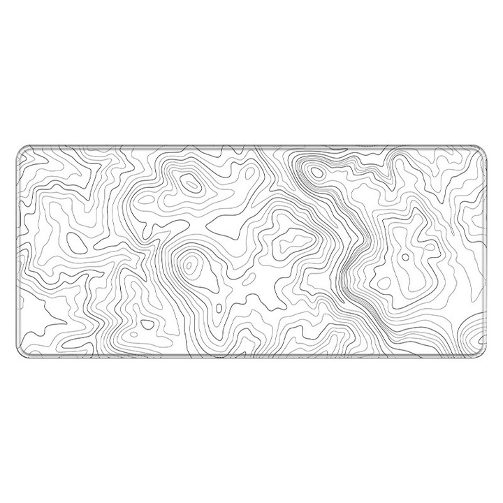 Mousepad pentru jocuri, baza antiderapanta din cauciuc, topografie abstracta alba, 90x40x0.3cm, pentru jocuri de birou si acasa