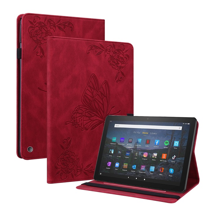 Husa tableta pentru Amazon Kindle Fire HD 10 2021 / 10 Plus 2021, model flori fluturi, din piele gravata, cu inchidere, culoare rosu