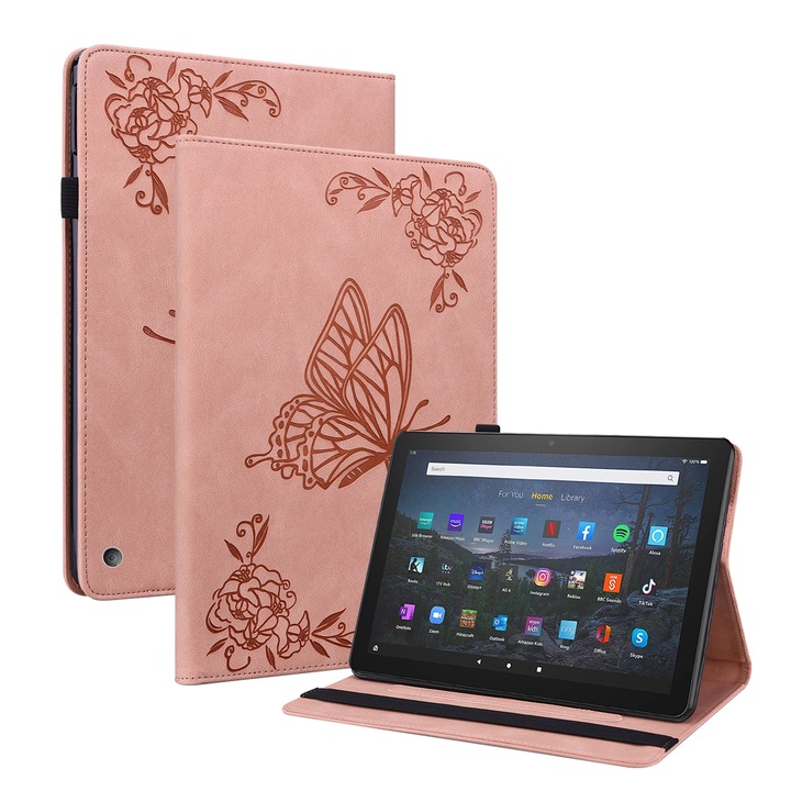 Husa tableta pentru Amazon Kindle Fire HD 10 2021 / 10 Plus 2021, model flori fluture embosat din piele, culoare roz aurie
