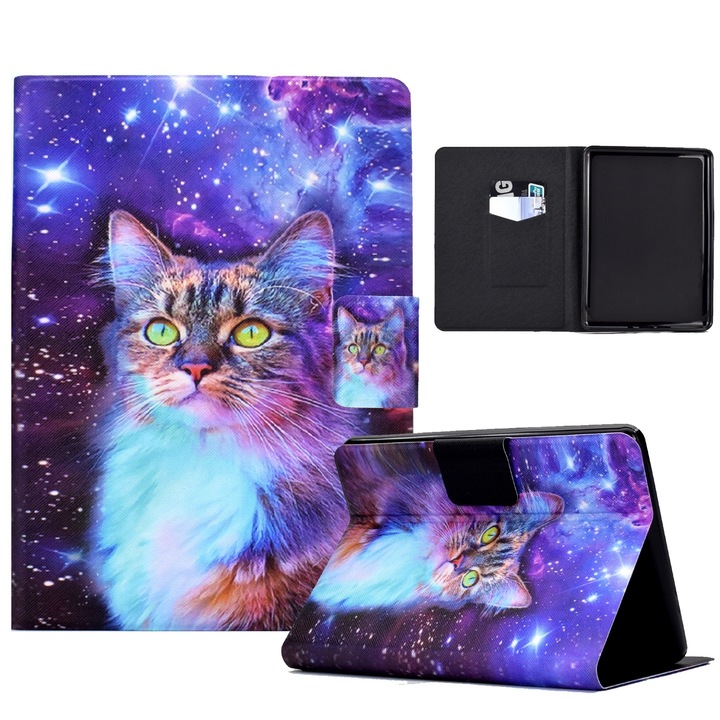 Husa tableta pentru Amazon Kindle Paperwhite 4 / 3 / 2 / 1, piele TPU presata electric, design cu stea pisica, negru