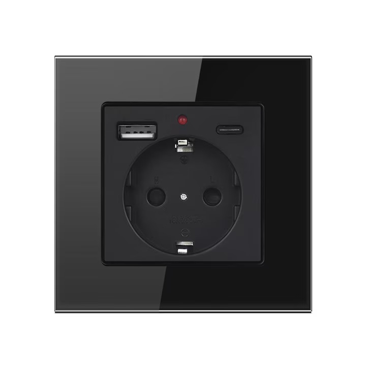 Контакти с LED индикатор, XMSJ, стъклена рамка, USB A + TypeC, черен