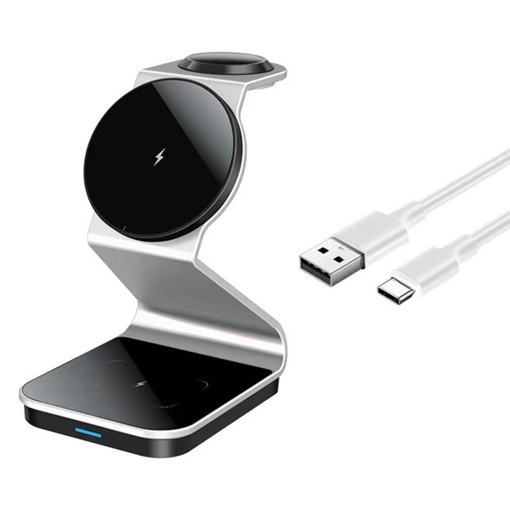 3 az 1-ben mágneses vezeték nélküli töltő, 15W, 3 W, 3 W, mobiltelefonhoz, fejhallgatóhoz és órához, Type-c, ezüst, 107,5x70x117mm