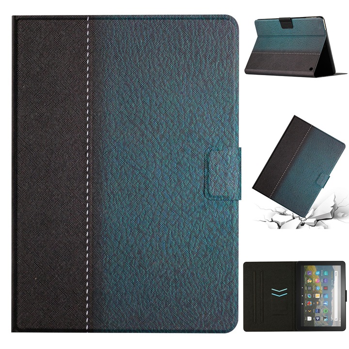 Husa tableta pentru Amazon Kindle Fire HD 8 2020, piele inteligenta, cusaturi, culoare solida, verde