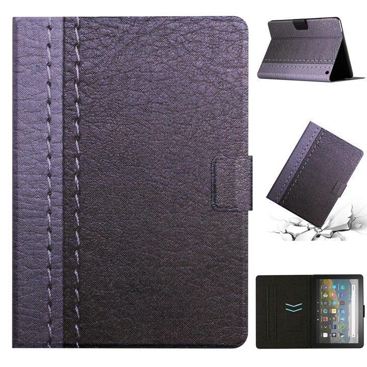 Husa tableta pentru Amazon Kindle Fire HD 8 2020, piele smart, cusaturi, design solid, acces complet la porturi, gri