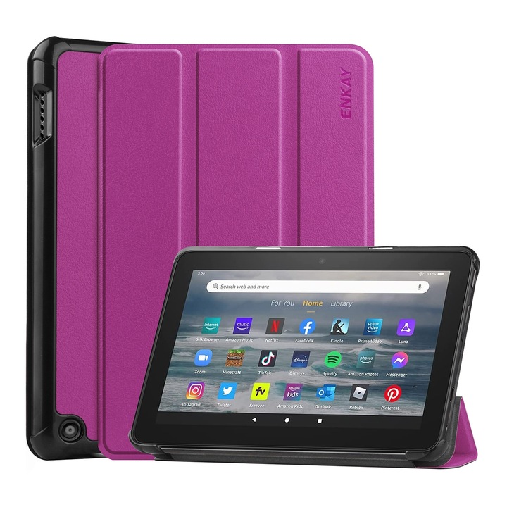 Husa tableta pentru Amazon Fire 7 12th 2022, piele inteligenta ENKAY, tip carte cu suport, inchidere magnetica, acces complet la porturi, mov
