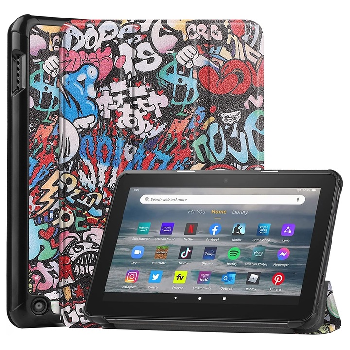 Amazon Fire 7 12th 2022 tablet tok, okos bőr, graffiti dizájn, mágneses zár, karcálló, sötétkék