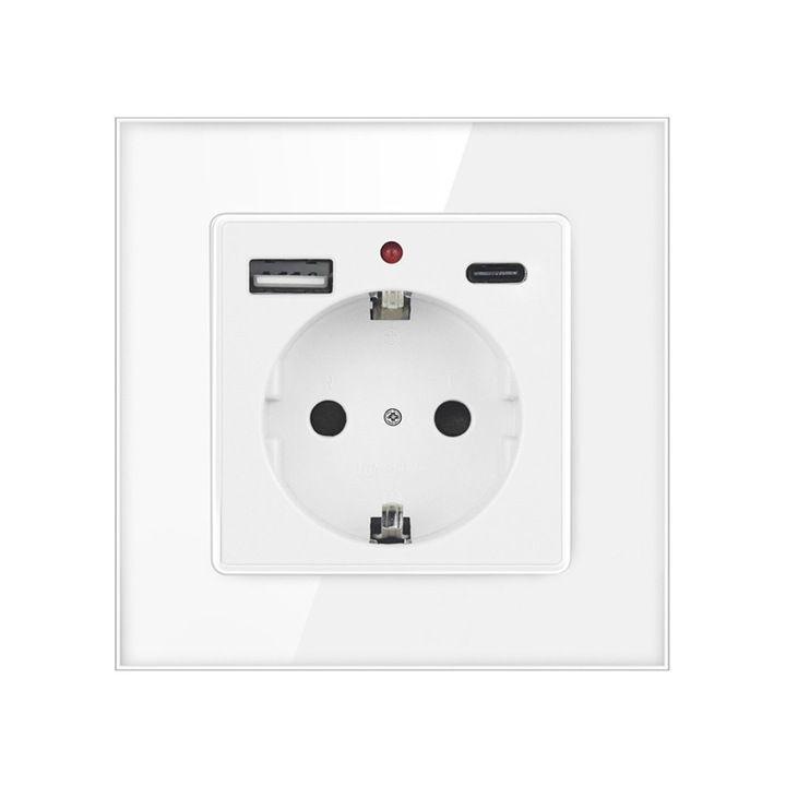 Контакти с Индикаторна Светлина, XMSJ, Стъклена Рамка, USB A + TypeC, Бял