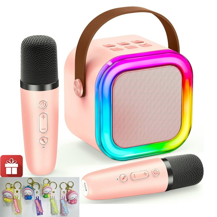 Set Karaoke pentru copii, 2 microfoane wireless, LED color, Set Boxa Karaoke, Cu 2 Microfoane Wireless, Pentru Adulti si Copii, Petreceri Si Spectacole, Bluetooth 5.3, Difuzor Portabil, type-C, roz