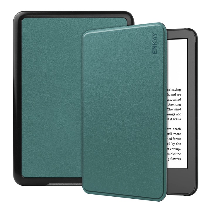 Husa tableta pentru Amazon Kindle 2022 Gen11, piele texturata ENKAY, tip carte cu suport, inchidere magnetica, verde inchis