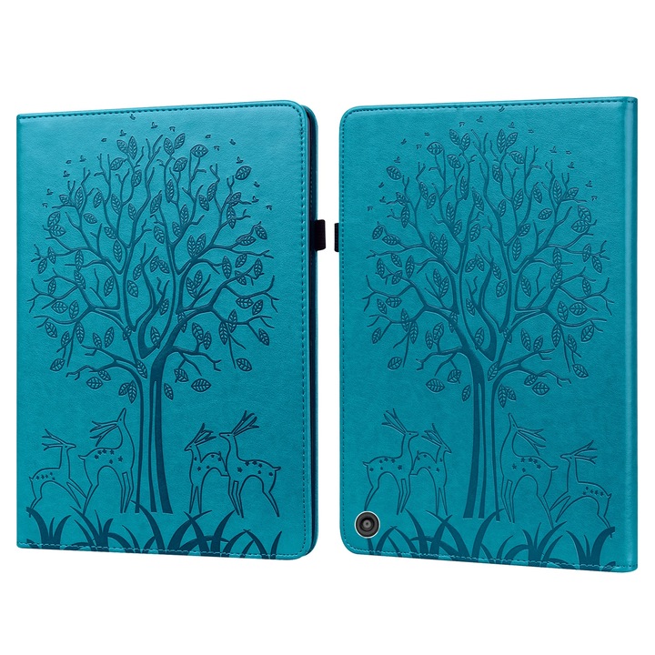Husa tableta pentru Amazon Kindle Fire HD 10 / 10 Plus 2021, imprimeu copac si cerb, piele PU orizontal cu suport si sloturi de carduri (albastru)
