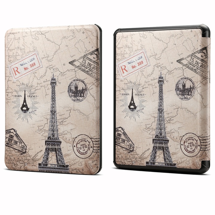Husa tableta pentru Amazon Kindle 11th Gen 6 inch, material piele cu design pictat, tip carte, cu suport, inchidere magnetica, auto somn/trezire, acces complet la porturi, Eiffel Tower