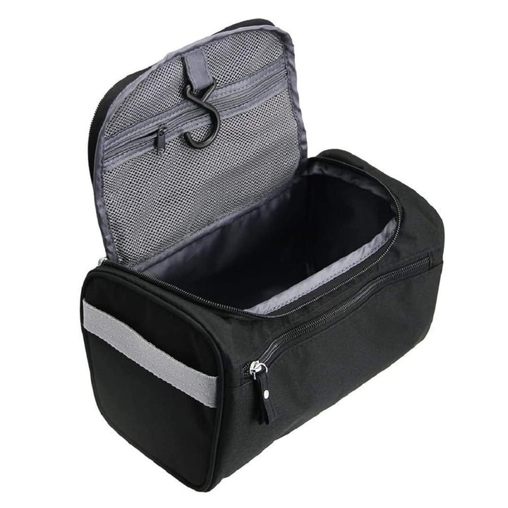 Geanta Cosmetica Impermeabila, SINBINTA, Geanta Mare Capacitate Cosmetice Voiaj, Cu maner si gaica pentru agatat, 2 compartimente, De agatat, Compacta si portabila, Ideala pentru calatorii sau activitati, Oxford, 25x14x13cm, Negru