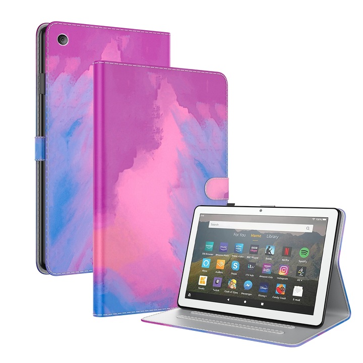 Husa tableta pentru Amazon Fire HD 8 2015/2016/2017/2018 cu design pictura acuarela, piele PU, tip flip magnetic orizontal, suport, sloturi pentru carduri si rama foto (rosu mov)