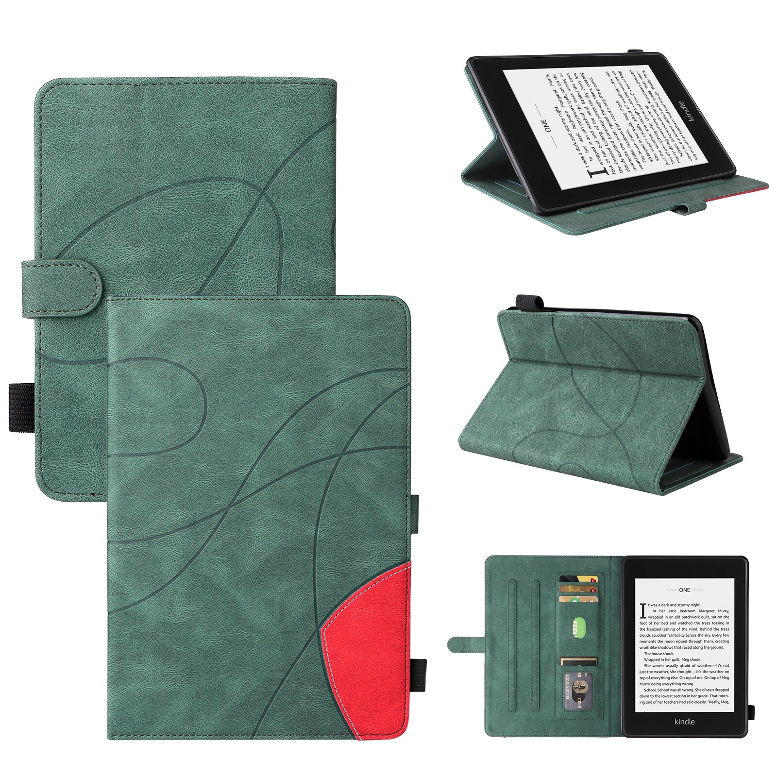 Husa tableta pentru Amazon Kindle Paperwhite 4 / 3 / 2 / 1, piele PU, design orizontal duocromatic, cu suport, sloturi pentru carduri, functie somn/trezire, Verde