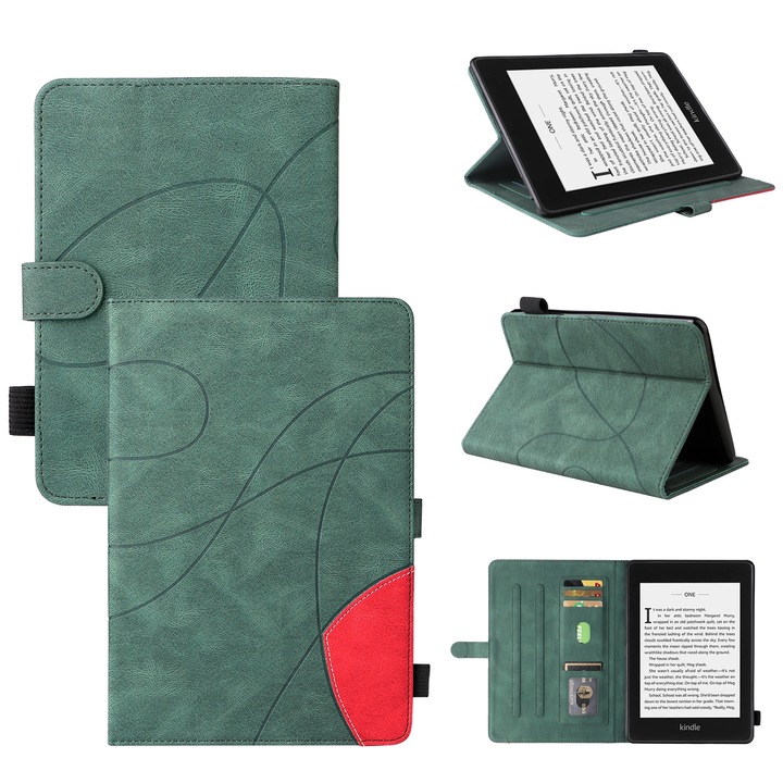 Husa tableta pentru Amazon Kindle Paperwhite 4 / 3 / 2 / 1, piele PU, design orizontal duocromatic, cu suport, sloturi pentru carduri, functie somn/trezire, Verde
