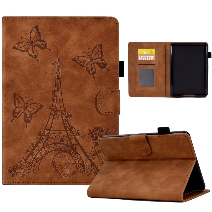 Amazon Kindle Lite 2022 tablet tok, bőr gravírozással a toronyban, okostok, barna