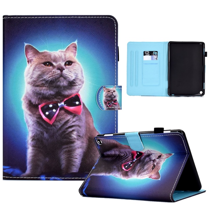 Husa tableta pentru Amazon Kindle Fire HD 10 2021, piele cu buzunar pentru creion, accesoriu cu pisica papion, negru