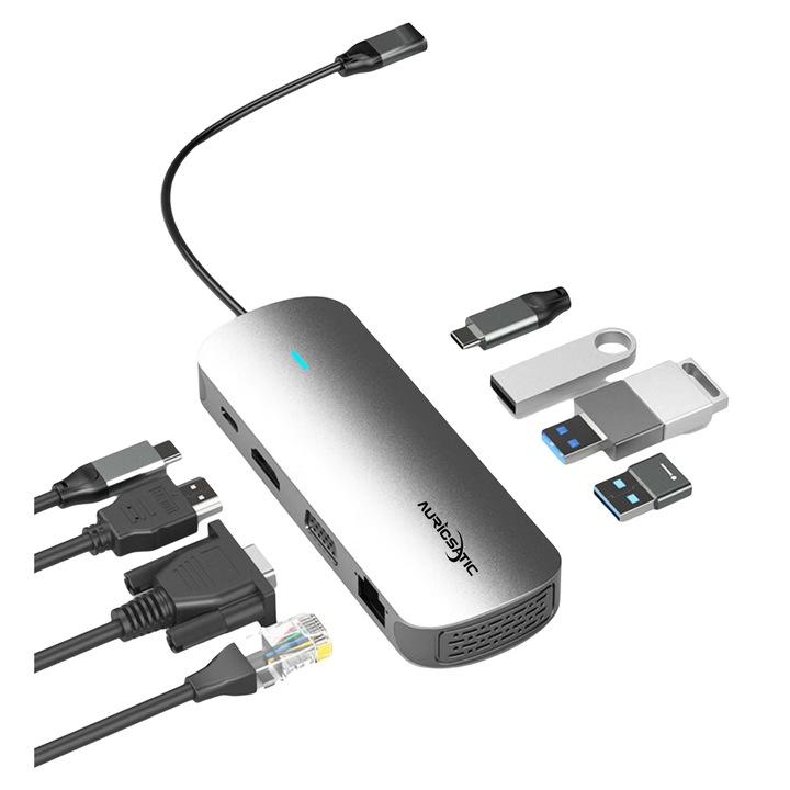 Докинг станция 8 в 1, AuriCsatic, HDMI 4K@60Hz, VGA, 2 x USB 3.0, 1 x USB 2.0, 100W PD, RJ45 (1000M), размери 122x44.4x17mm