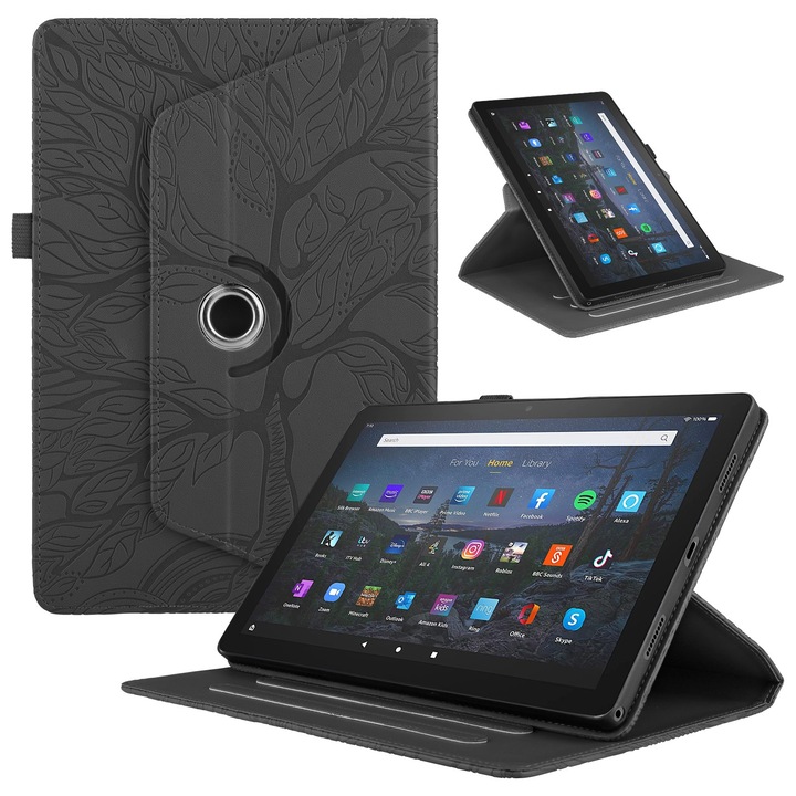 Husa tableta pentru Amazon Kindle Fire HD8 2022 / 2020, piele embosata cu design de copac, rotativa, neagra