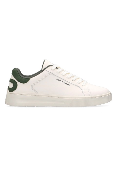 Scotch & Soda, Pantofi sport de piele cu logo, Alb fildes/Verde feriga