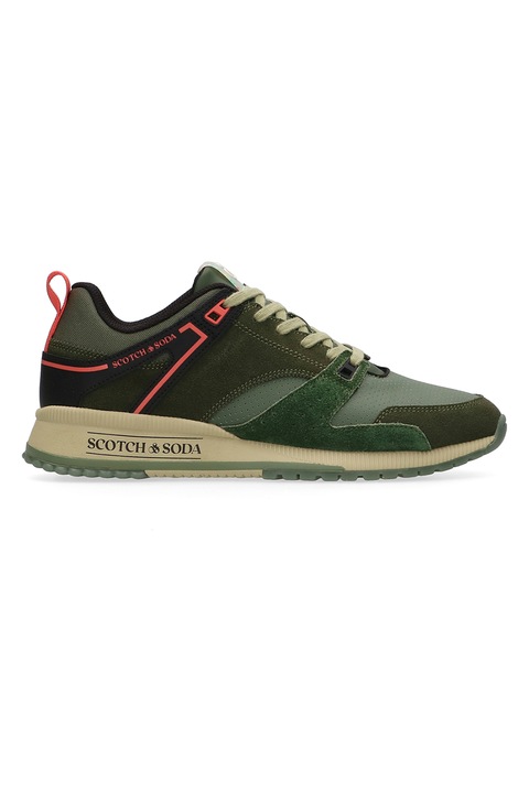 Scotch & Soda, nyersbőr és bőr sneaker hálós anyagbetétekkel, Korallszín/Khaki/Spárgazöld